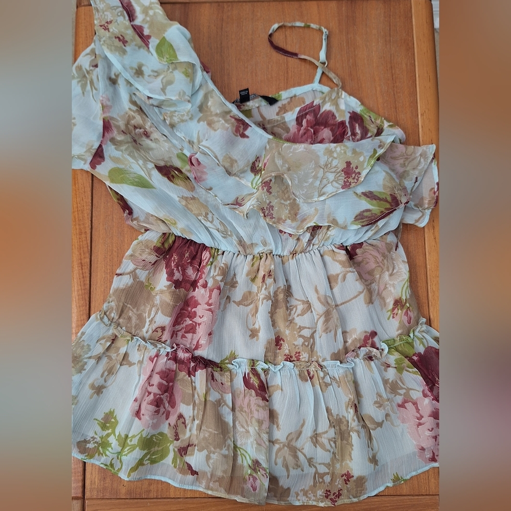 Walter Baker Garden Floral Sheer Ruffle Top Y2K Asymmetric Babydoll Romantic XS